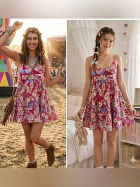 Altar'd State Retro Floral Tiered Cami Mini Dress Sz XS Pink Blue Babydoll Boho